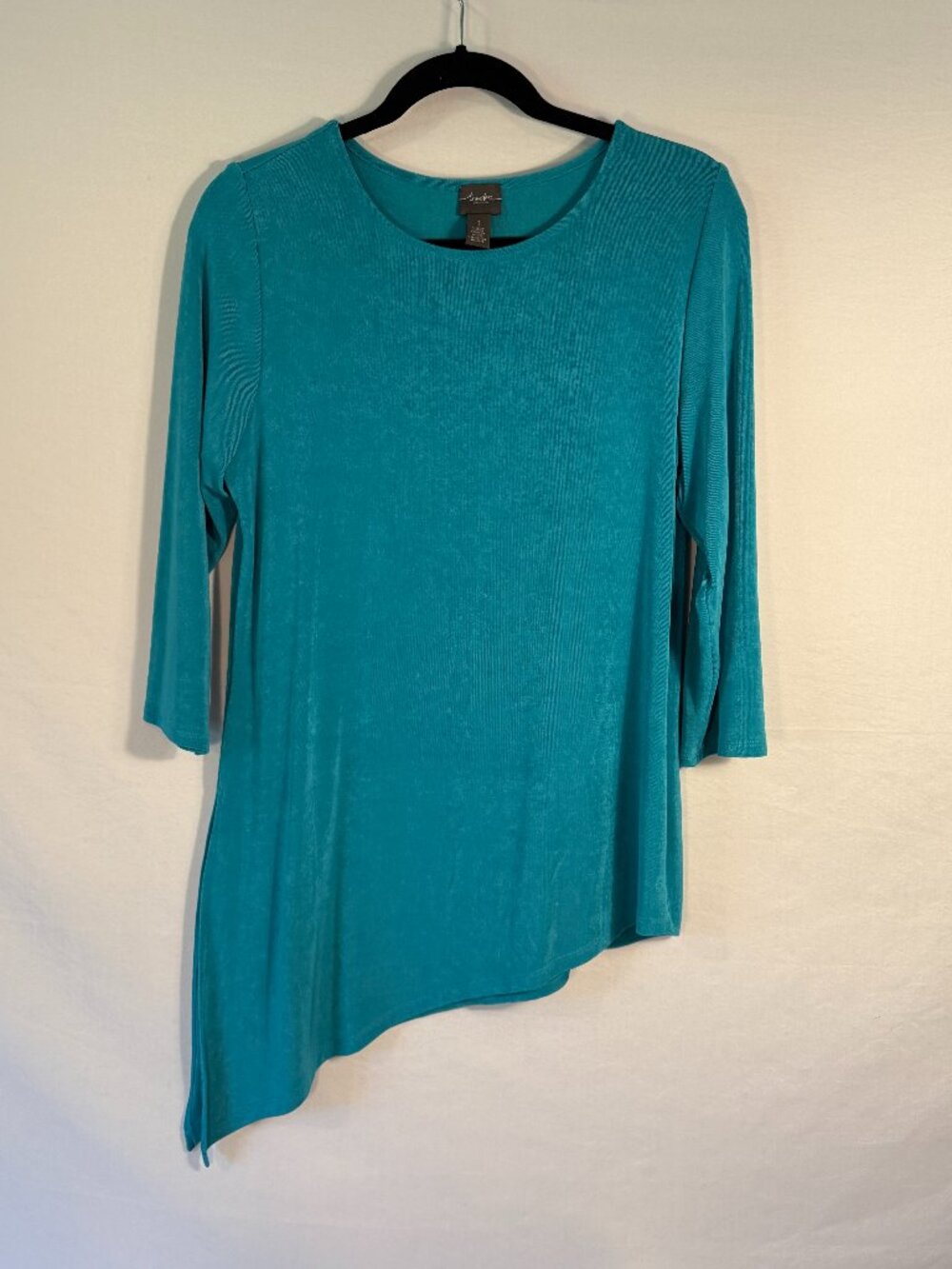 Travelers by Chico's Teal Slinky Knit Asymmetric Top 3/4 Sleeve Sz 1 M